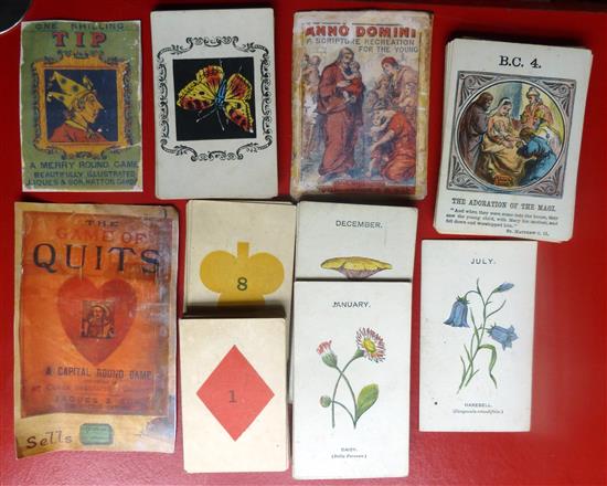 Incomplete sets of cards for 4 Jaques games c1880 for TIP - 13 cards; ANNO DOMINI - 22 cards; QUITS 20 cards. No boxes but p/c of box l